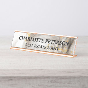 Modern Grey And Gold Watercolor Liquid Marble Desk Name Plate