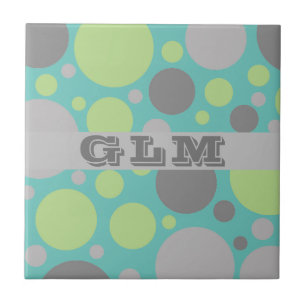 Modern Grey and Green Bubbles Monogram Ceramic Tile