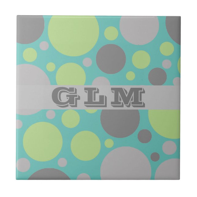Modern Grey and Green Bubbles Monogram Ceramic Tile (Front)