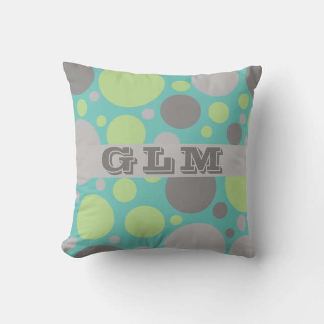 Modern Grey and Green Bubbles Monogram Throw Pillow (Front)