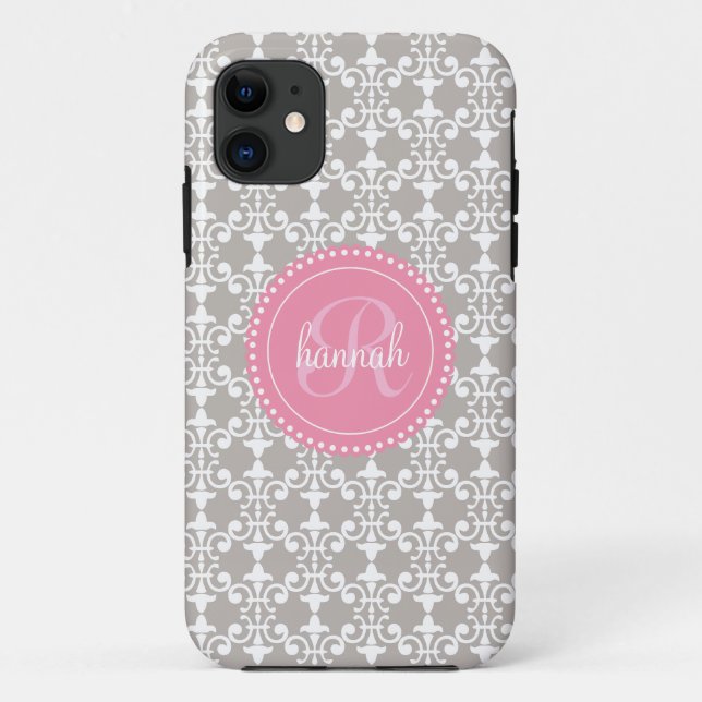 Modern Grey and Pink Damask Personalized Case-Mate iPhone Case (Back)