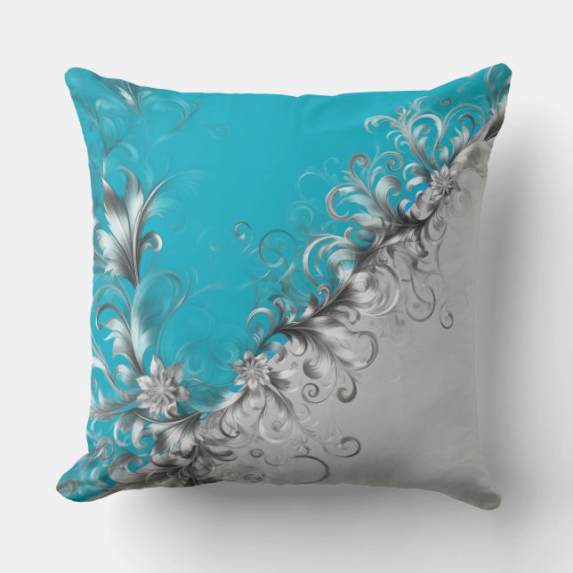 Modern Grey and Turquoise Decorative Silver Pillow (Front)