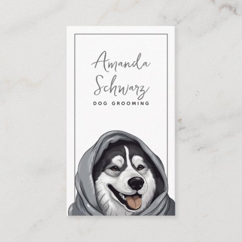 Modern Grey and White Cute Husky Dog Grooming Business Card