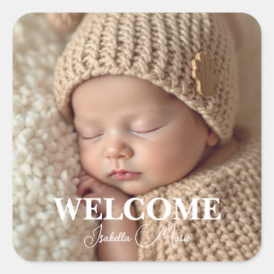  Modern Grey and White Photo Birth Announcement Square Sticker