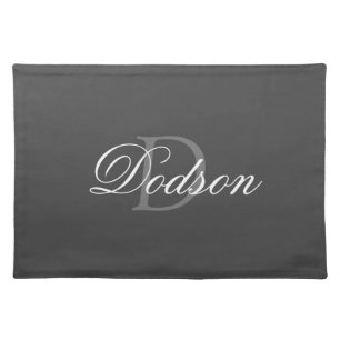Modern Grey And White Script Monogram Personalized Cloth Placemat