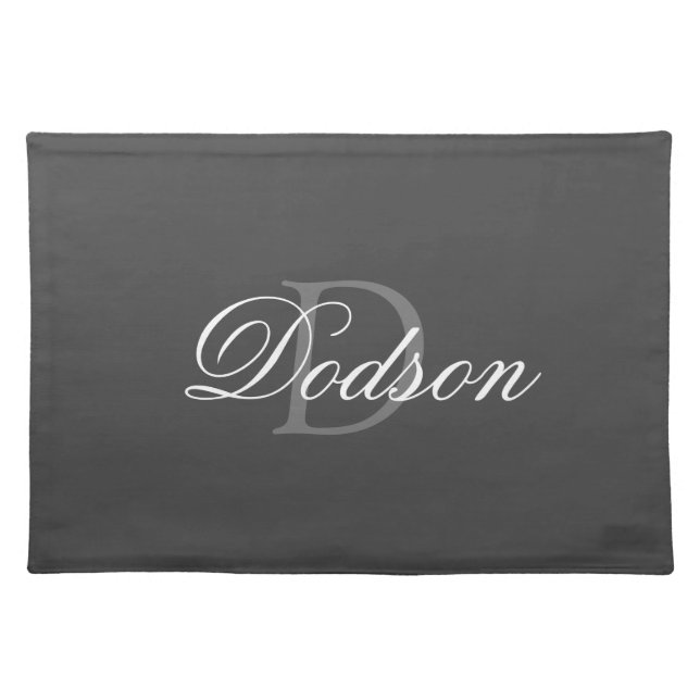 Modern Grey And White Script Monogram Personalized Cloth Placemat (Front)