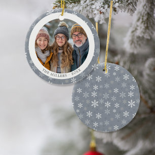 Modern Grey and White Snowflakes Photo  Ceramic Ornament