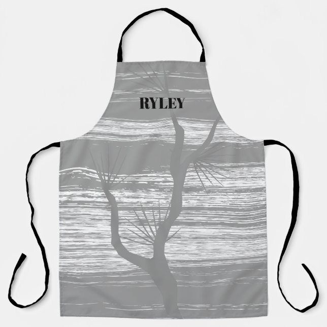 Modern Grey and White Tree Branch Monogram Apron (Front)