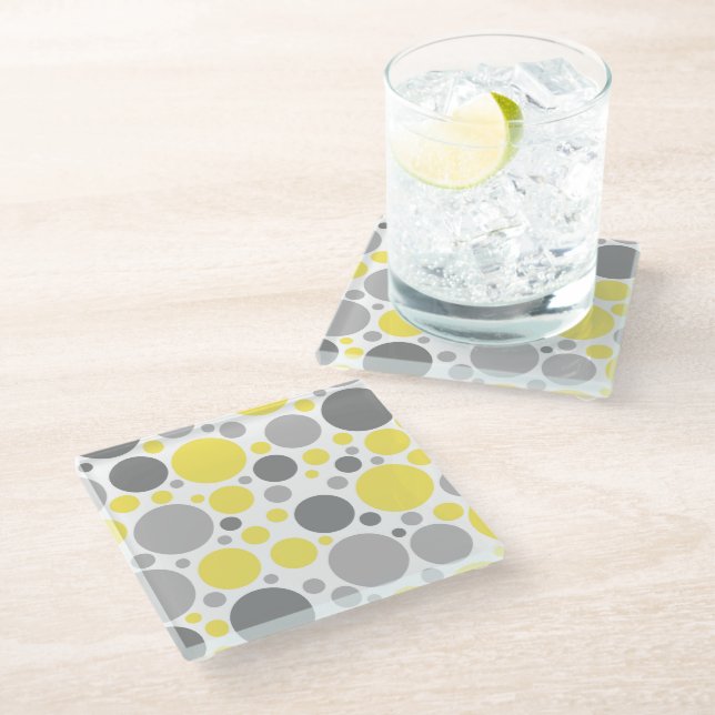 Modern Grey and Yellow Bubbles Glass Coaster (Angled)