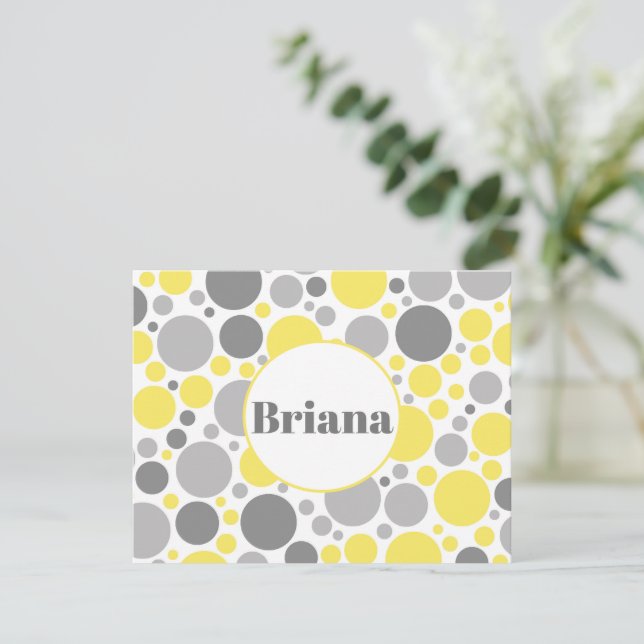 Modern Grey and Yellow Bubbles Personalized Note Card (Standing Front)