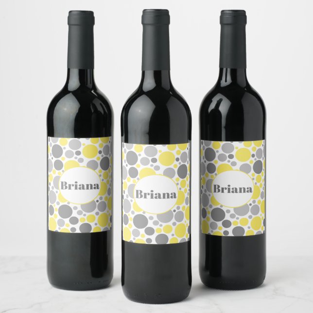 Modern Grey and Yellow Bubbles Personalized Wine Label (Bottles)