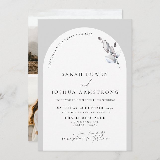Modern Grey Arch Botanical Script 3 Photo Wedding Invitation (Front/Back)