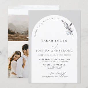 Modern Grey Arch Botanical Script 3 Photo Wedding Invitation