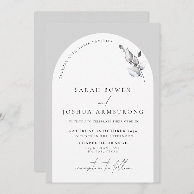 Modern Grey Arch Botanical Script Wedding Invitation (Front/Back)