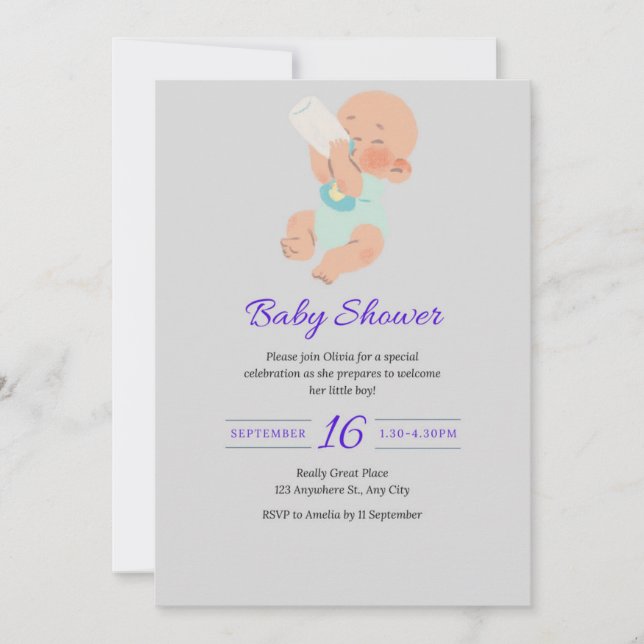 Modern Grey Baby Shower Card with Baby Boy (Front)