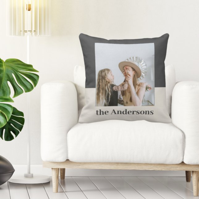 Modern Grey  & Beige | Photo | Family Name Throw Pillow (Creator Uploaded)