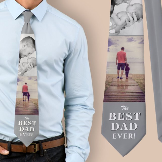 Modern Grey Best Dad Ever Father`s Day 2 Photos Neck Tie (Creator Uploaded)