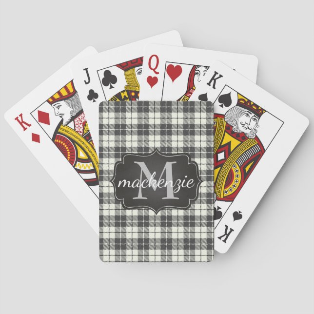 Modern  Grey Black Flannel Plaid Monogrammed Name Poker Cards (Back)