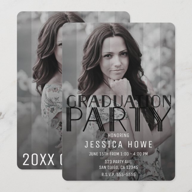 Modern Grey Black Graduation Party Graduate Photo Invitation (Front/Back)