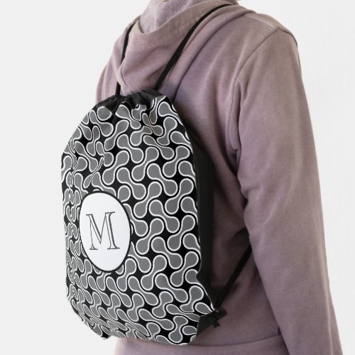 Modern Grey Black Monogram Geometric Pattern Drawstring Bag