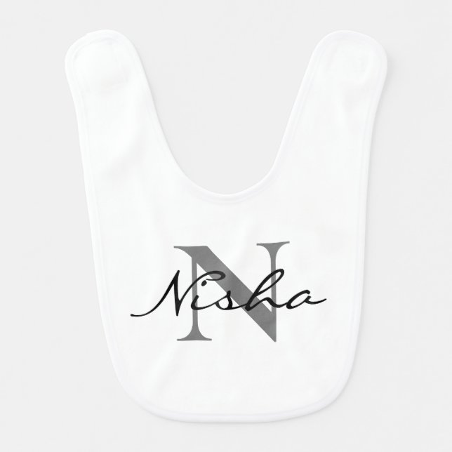 Modern Grey Black Monogram Name Baby Bib (Front)