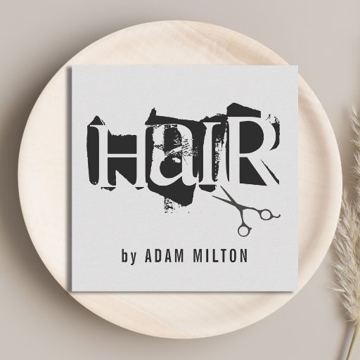 Customizable Modern Grey Black Scissors Hair Stylist Square Business Card