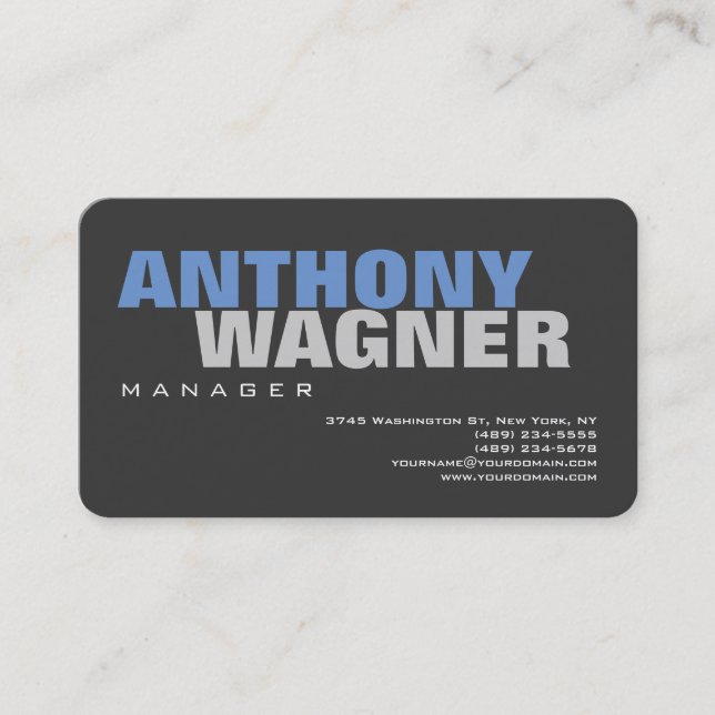 Modern Grey Blue Bold Text Minimalist Elegant Business Card (Front)