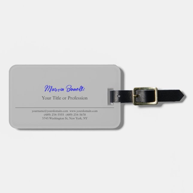 Modern Grey Blue Professsional Plain Name Luggage Tag (Front Horizontal)