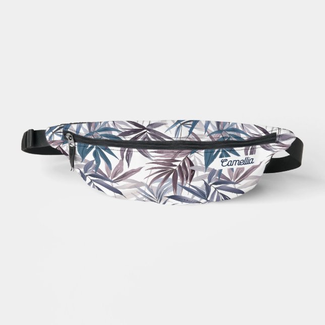 Modern Grey Blue Tropical Leaf Name Custom Travel Fanny Pack (Front)