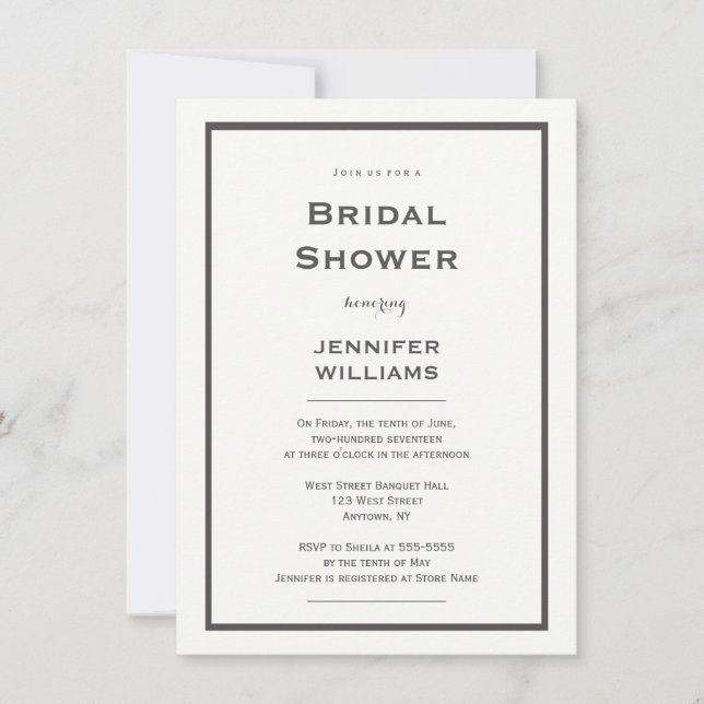 Modern grey border bridal shower invitations (Front)