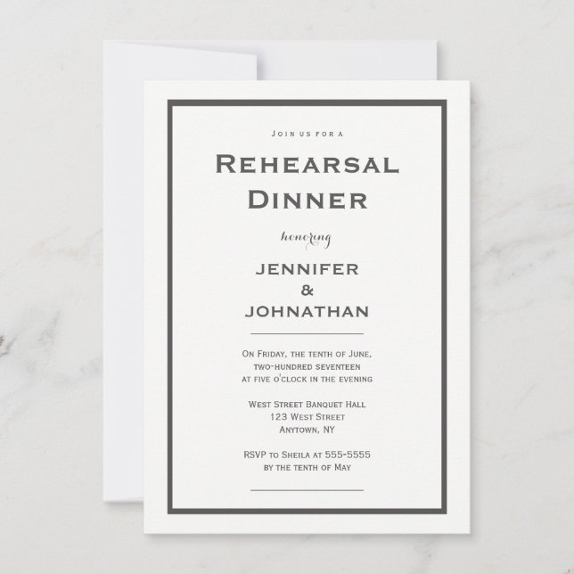 Modern grey border rehearsal dinner invitations (Front)