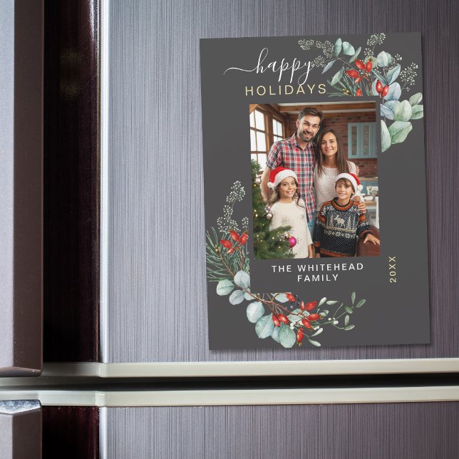 Modern Grey Botanical Christmas Photo Card Magnet (You will love these beautiful Christmas cards! They feature botanical watercolor pine and berries.)