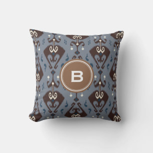 Modern grey brown ikat tribal pattern monogram throw pillow