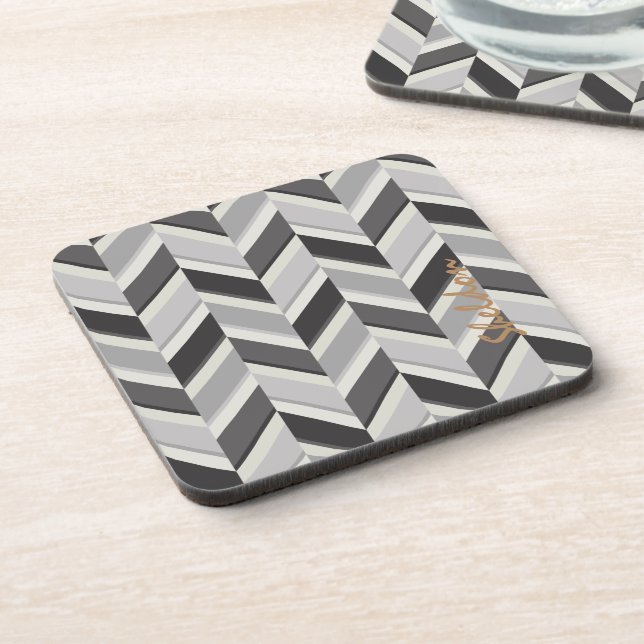 Modern grey chevron geometric pattern monogram drink coaster (Left Side)