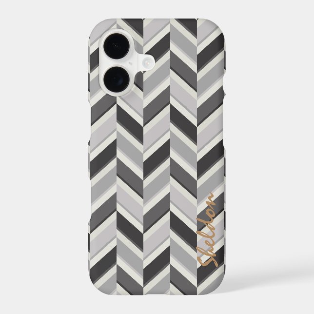 Modern grey chevron geometric pattern monogram iphone case (Back)
