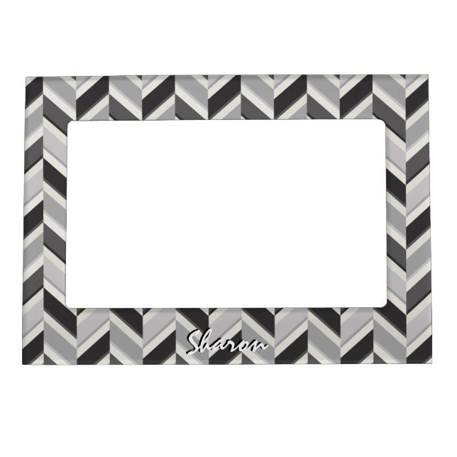 Modern grey chevron geometric pattern monogram magnetic photo frame (Front)