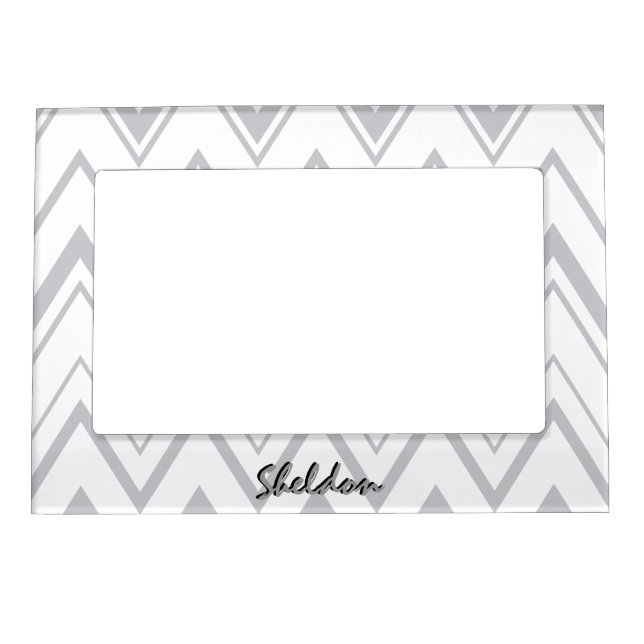 Modern grey chevron geometric pattern monogram magnetic picture frame (Front)