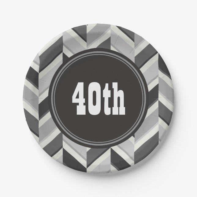Modern grey chevron geometric pattern monogram paper plates (Front)