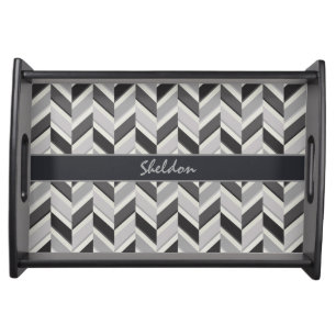 Modern grey chevron geometric pattern monogram serving tray
