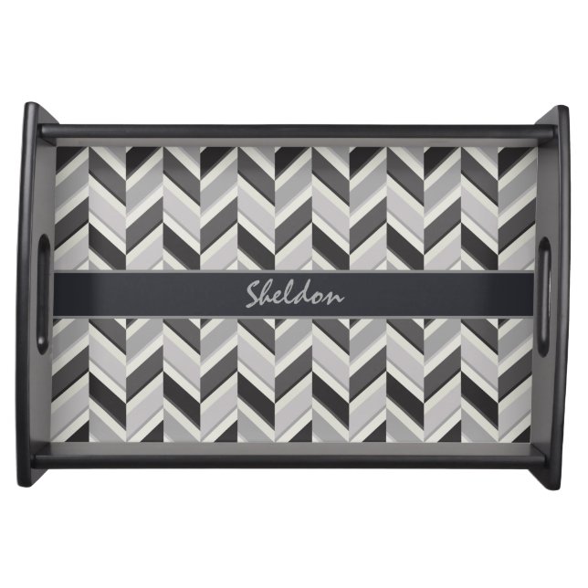 Modern grey chevron geometric pattern monogram serving tray (Front)