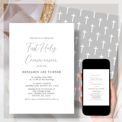 Modern Grey Cross  First Communion Invitation