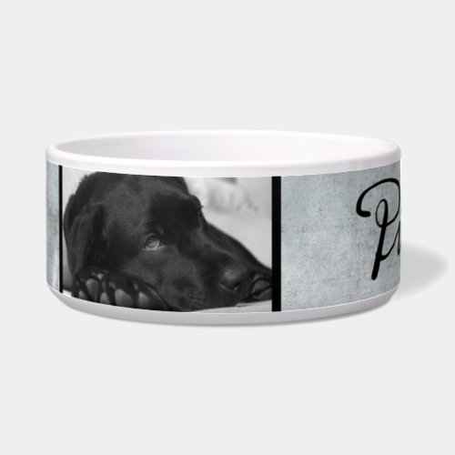 Modern Grey Dog`s Name in Black Script 2 Photo Bowl - Modern abstract grey background with dog`s name in black script and 2 photos. This dog bowl comes with a dog`s name in black script and 2 photos - personalize the bowl with your dog`s name and insert two of your photos into the template.