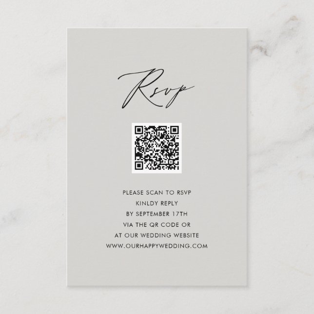 Modern Grey Elegant Script Simple QR Wedding RSVP Enclosure Card (Front)