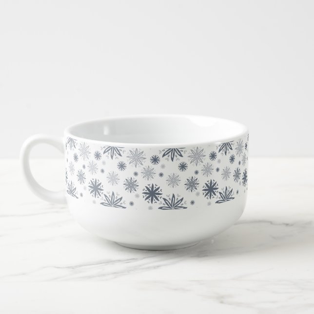 Modern Grey Floral Snowflakes Patterned Soup Mug (Right)