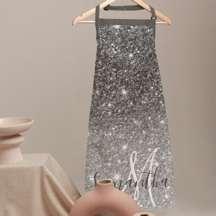 Modern Grey Glitter Sparkles Personalized Name Apron
