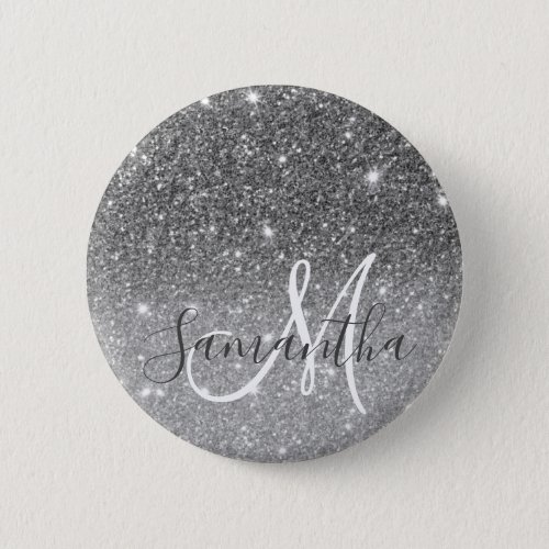 Modern Grey Glitter Sparkles Personalized Name Button