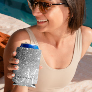 Modern Grey Glitter Sparkles Personalized Name Can Cooler