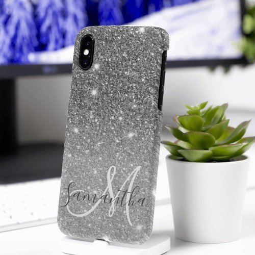 Modern Grey Glitter Sparkles Personalized Name iPhone XS Max Case