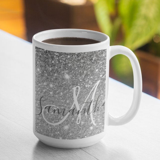 Modern Grey Glitter Sparkles Personalized Name Coffee Mug (Creator Uploaded)