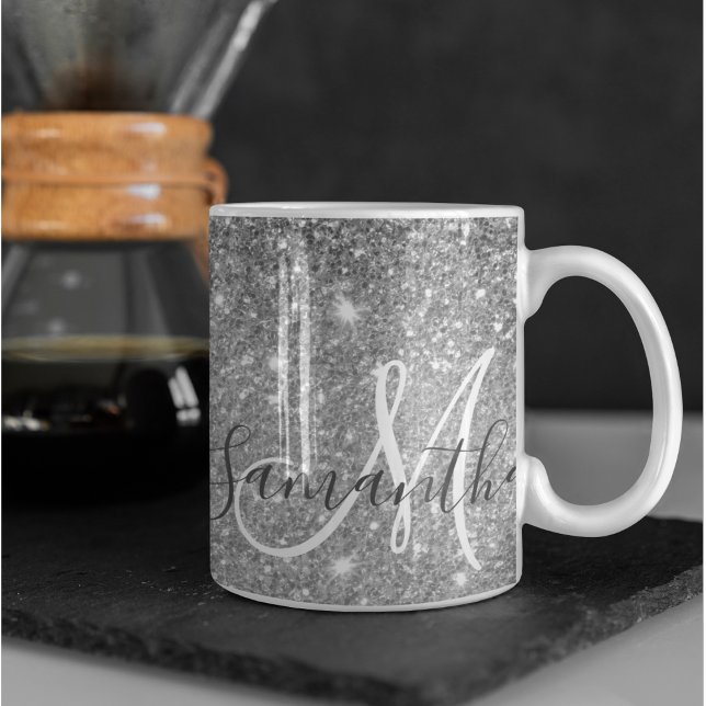 Modern Grey Glitter Sparkles Personalized Name Coffee Mug (Creator Uploaded)